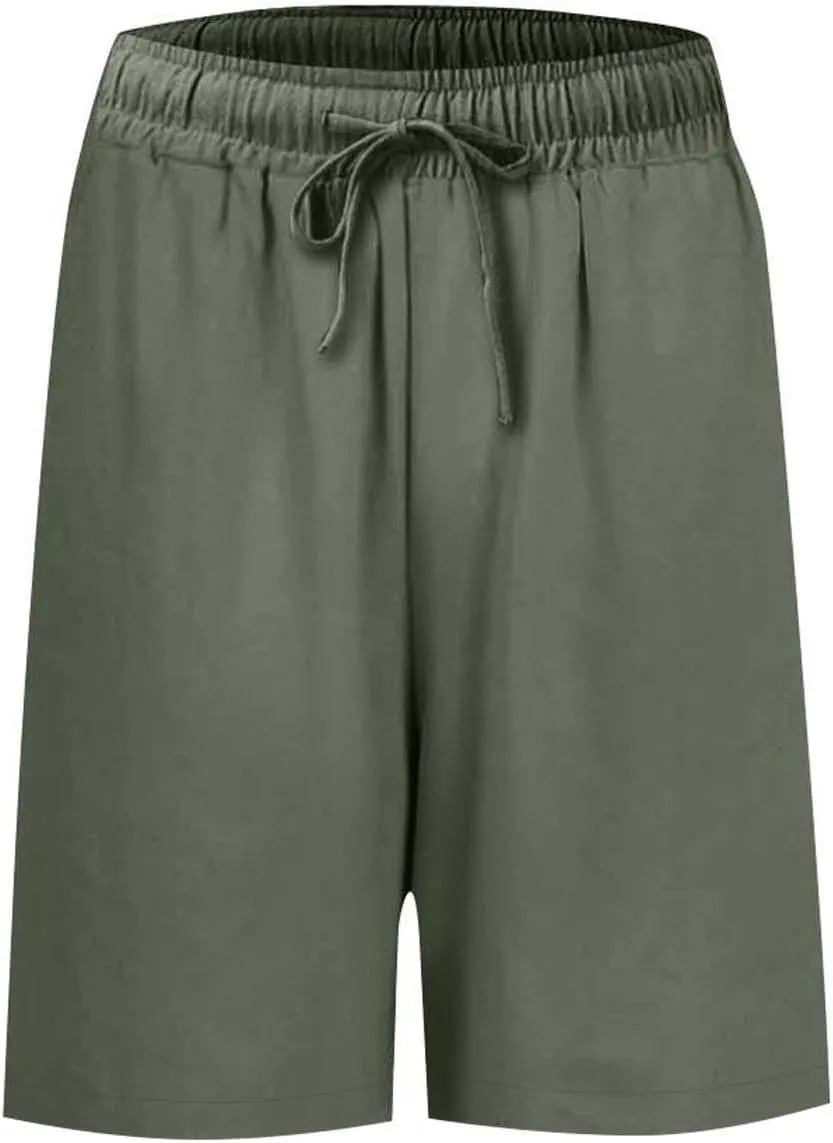 Summer Linen Bermuda Shorts for Women Knee Length Casual Capri Pant Elastic Waist Lightweight Beach Shorts with Pocket
