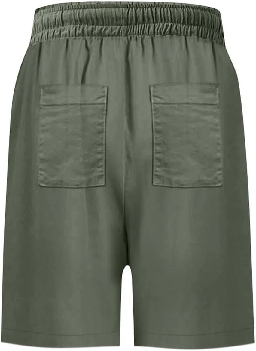 Summer Linen Bermuda Shorts for Women Knee Length Casual Capri Pant Elastic Waist Lightweight Beach Shorts with Pocket