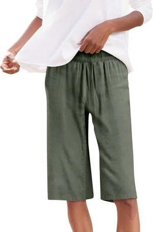 Summer Linen Bermuda Shorts for Women Knee Length Casual Capri Pant Elastic Waist Lightweight Beach Shorts with Pocket