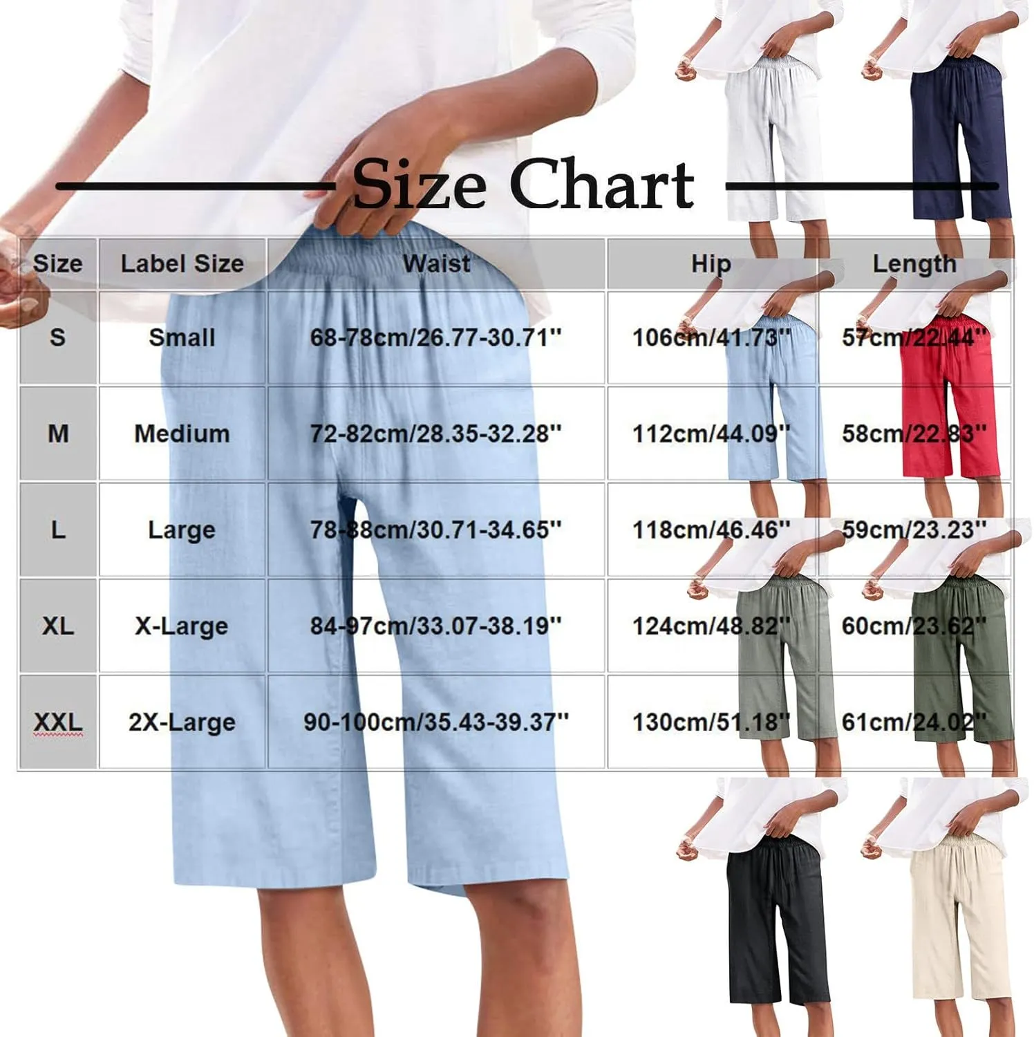 Summer Linen Bermuda Shorts for Women Knee Length Casual Capri Pant Elastic Waist Lightweight Beach Shorts with Pocket
