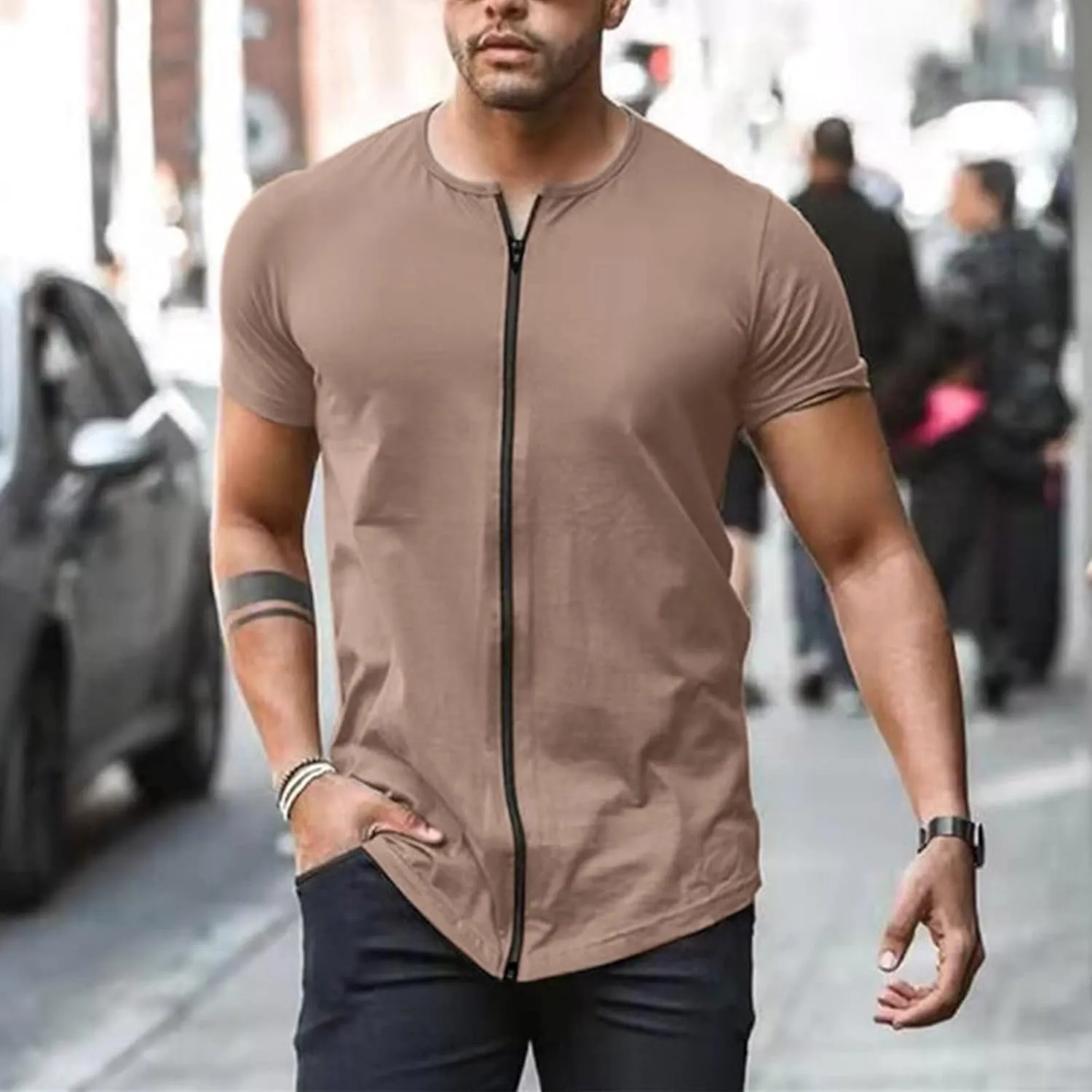Summer Tops for Men, Men's Full Zip Short Sleeve T Shirt Crewneck Riding Tops Quick Drying Outdoor Sports Top