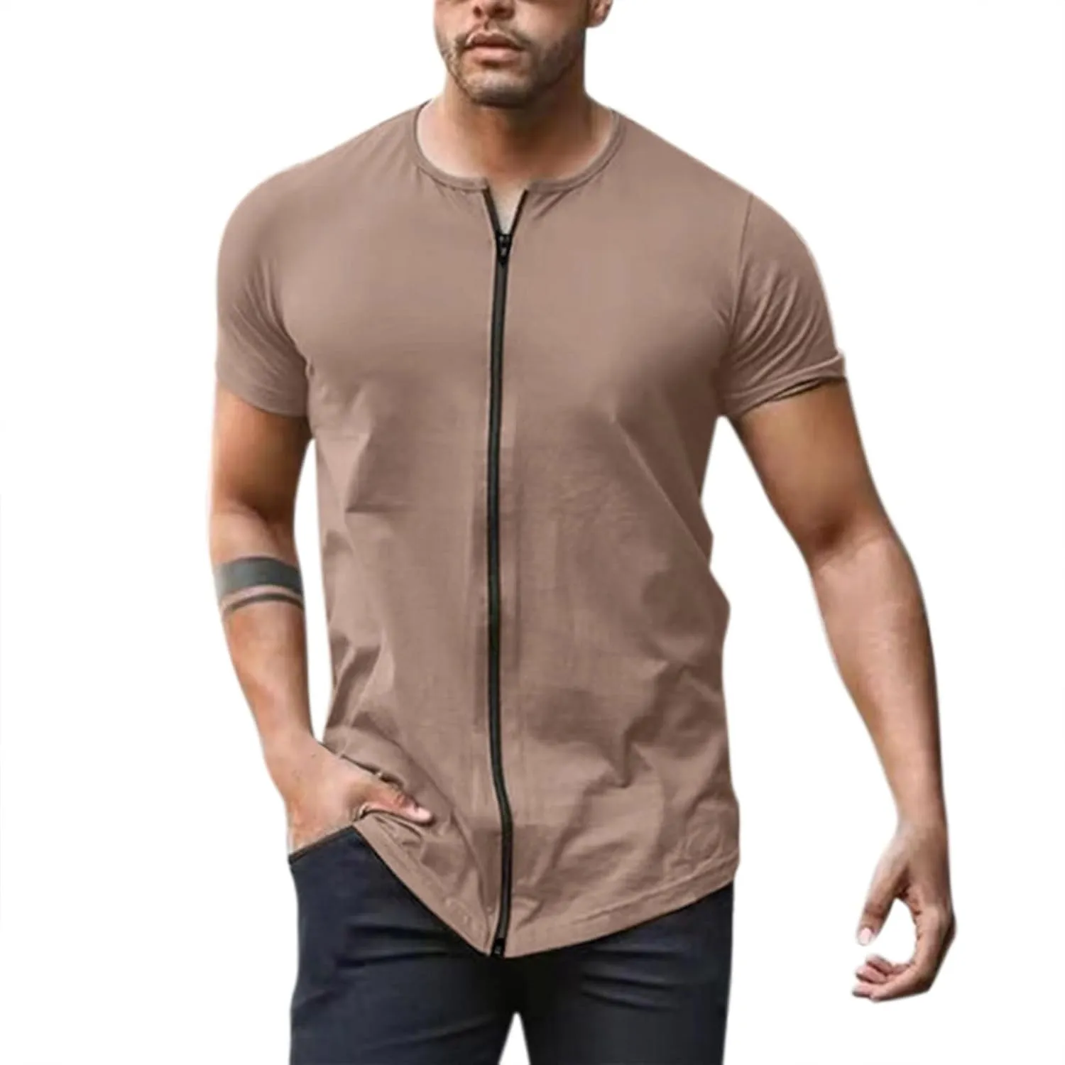 Summer Tops for Men, Men's Full Zip Short Sleeve T Shirt Crewneck Riding Tops Quick Drying Outdoor Sports Top