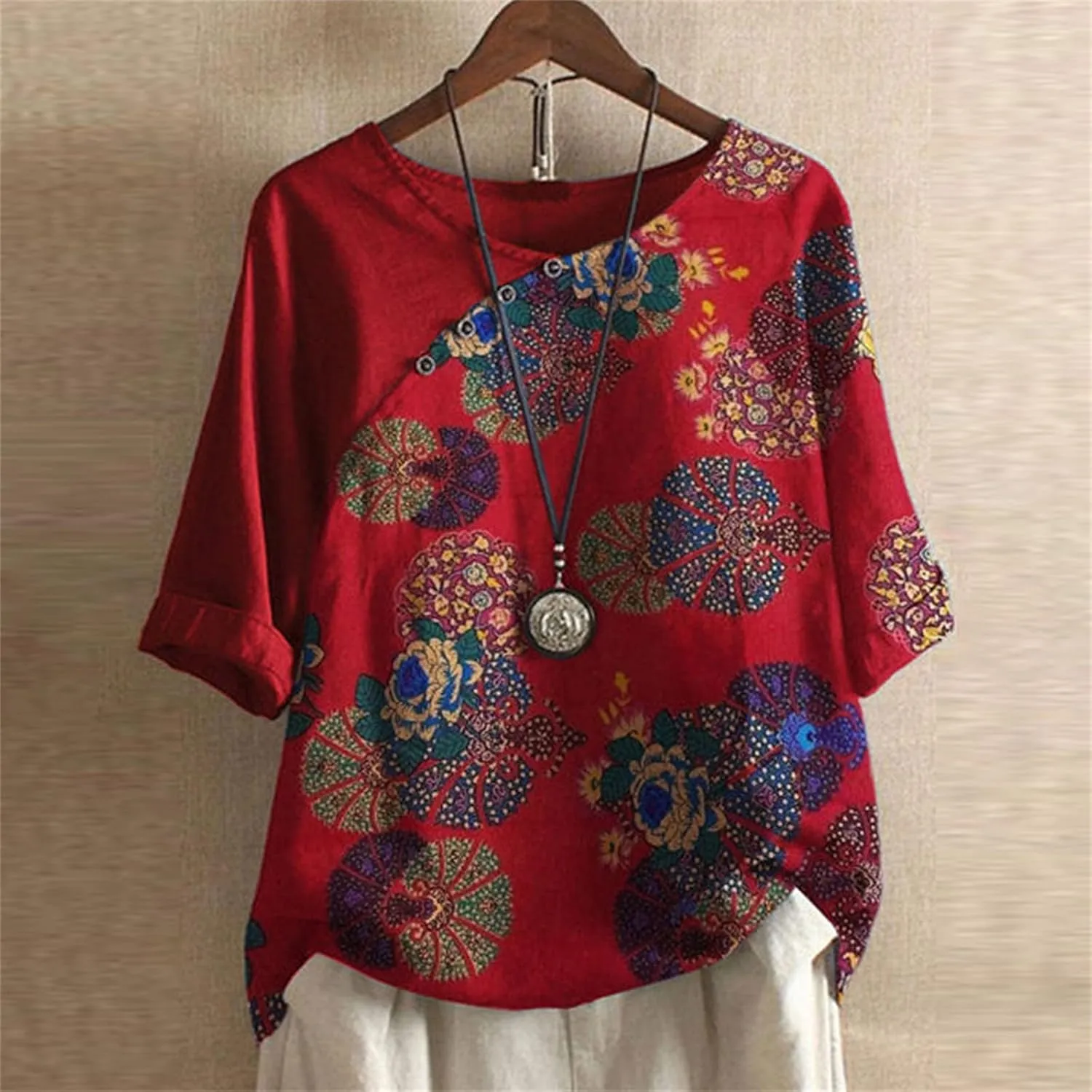 Summer Tops for Women 2024 Casual Short Sleeve Pullover Tunic T Shirts Ethnic Floral Print Button Spring Blouses