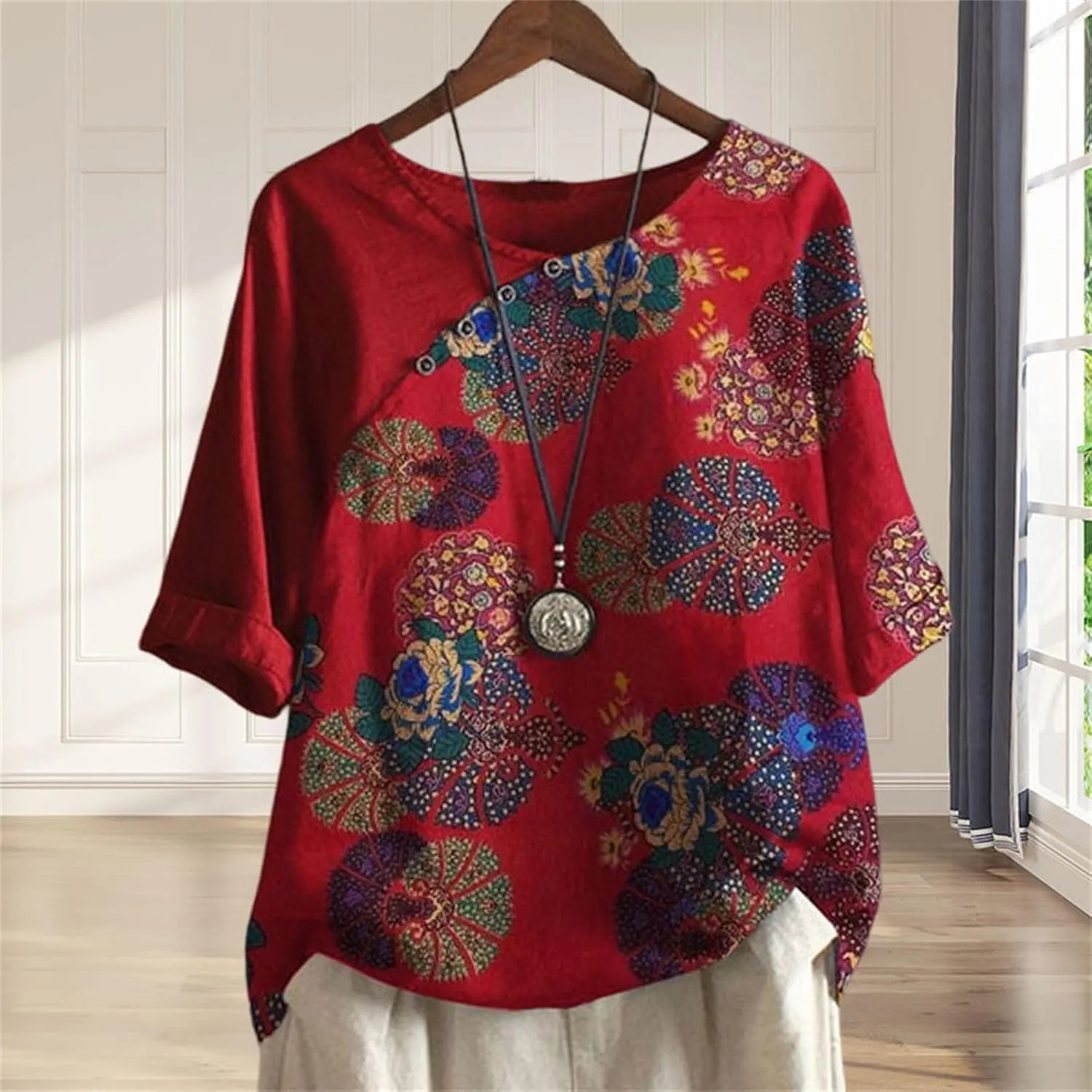 Summer Tops for Women 2024 Casual Short Sleeve Pullover Tunic T Shirts Ethnic Floral Print Button Spring Blouses