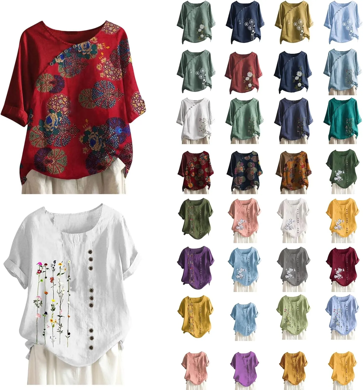 Summer Tops for Women 2024 Casual Short Sleeve Pullover Tunic T Shirts Ethnic Floral Print Button Spring Blouses