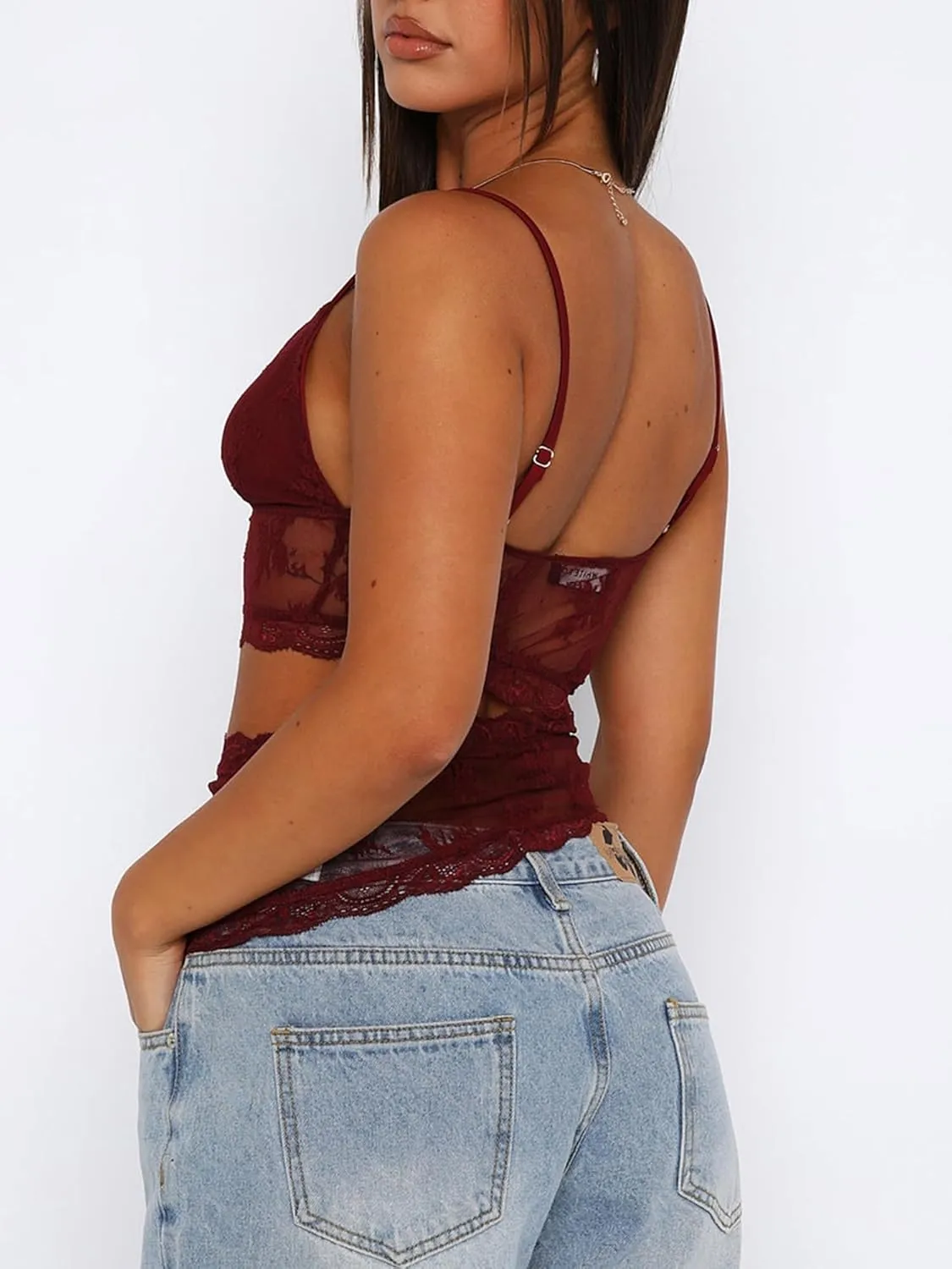 Sunloudy Women Lace Mesh Camisole Tops Y2k Sheer Sheer Spaghetti Strap Tank Top Sleeveless Slim Fit V Neck Cami Shirt