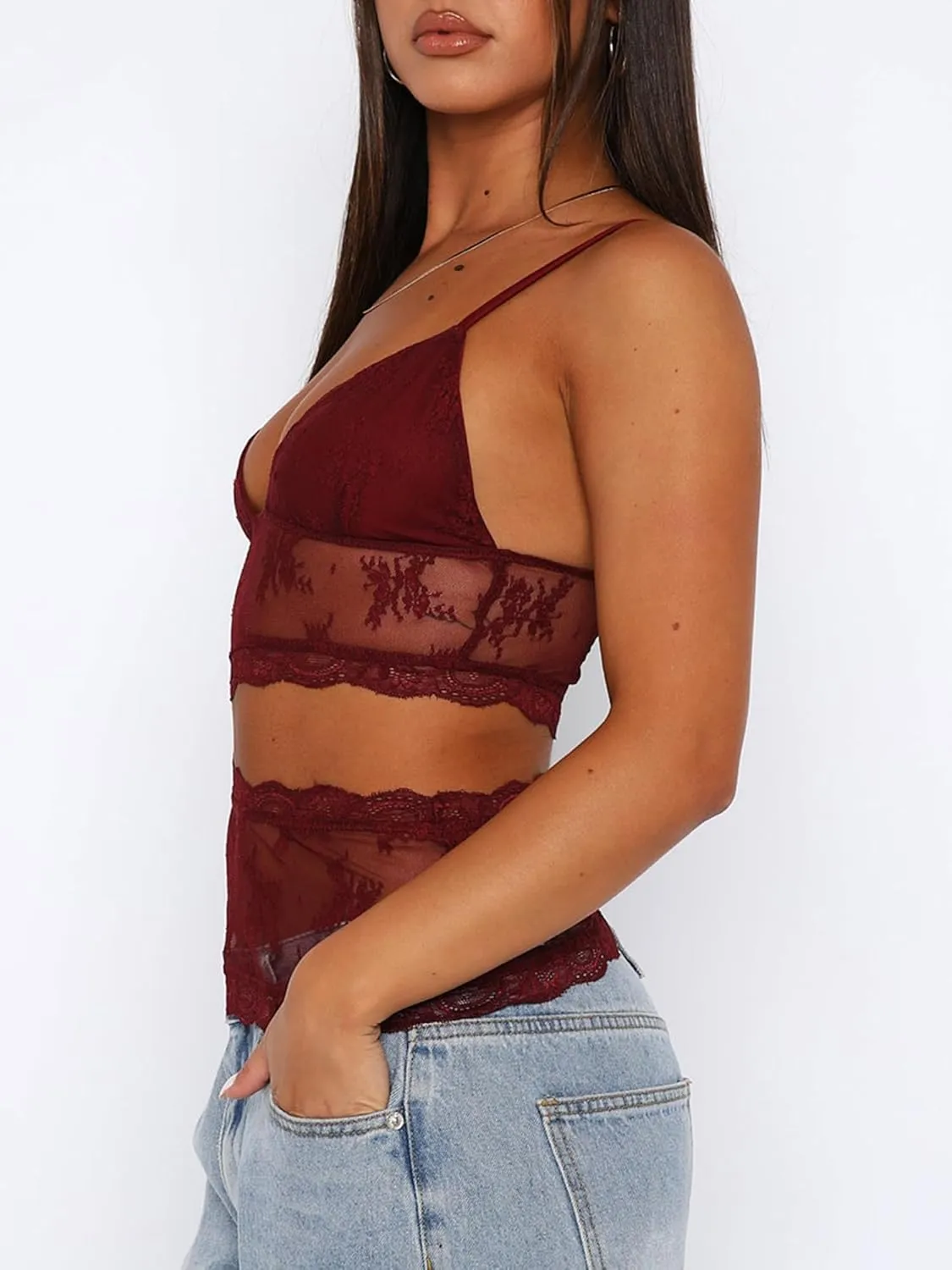 Sunloudy Women Lace Mesh Camisole Tops Y2k Sheer Sheer Spaghetti Strap Tank Top Sleeveless Slim Fit V Neck Cami Shirt