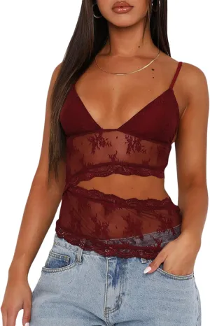 Sunloudy Women Lace Mesh Camisole Tops Y2k Sheer Sheer Spaghetti Strap Tank Top Sleeveless Slim Fit V Neck Cami Shirt