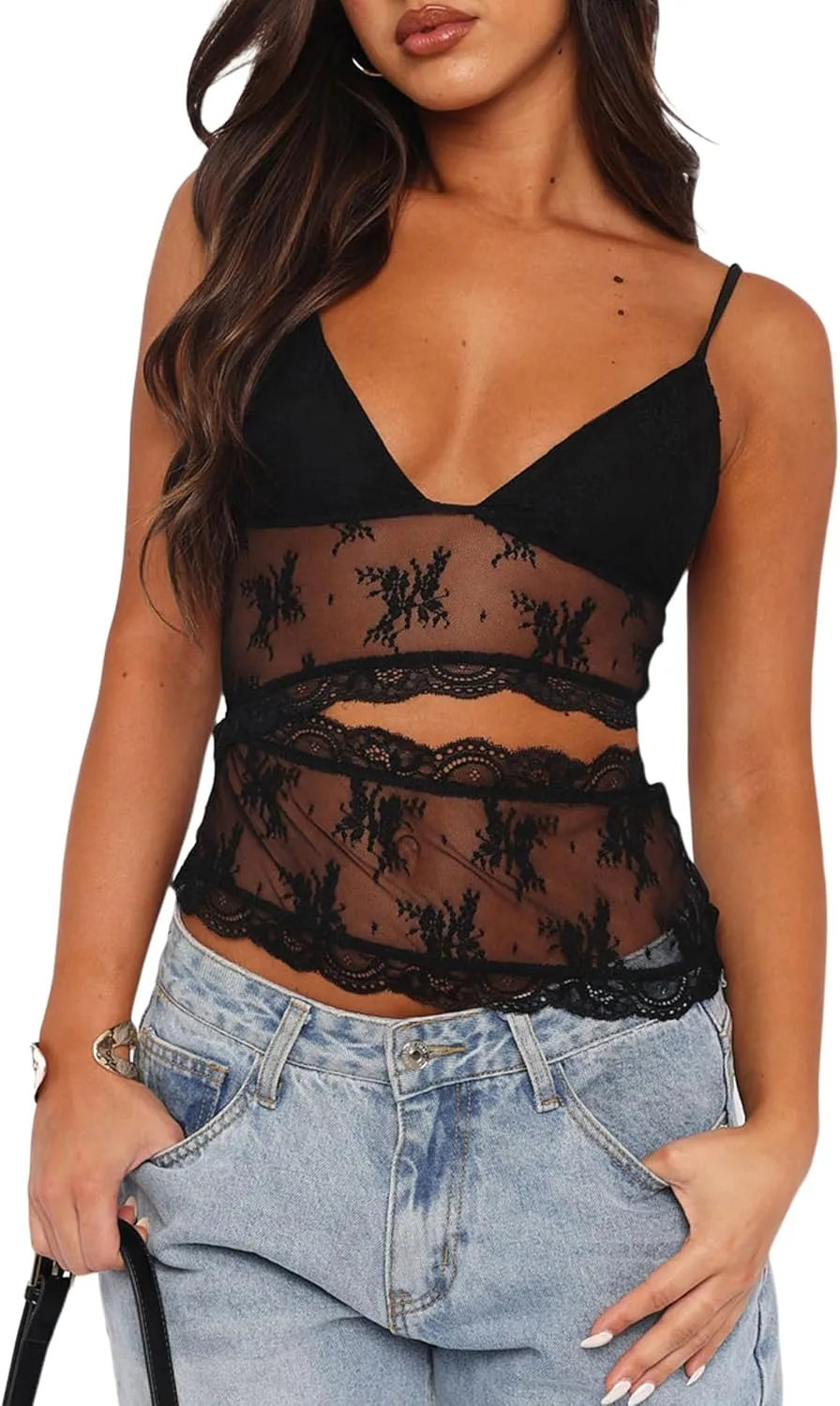 Sunloudy Women Lace Mesh Camisole Tops Y2k Sheer Sheer Spaghetti Strap Tank Top Sleeveless Slim Fit V Neck Cami Shirt