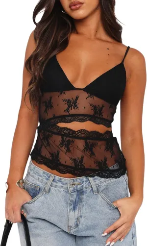 Sunloudy Women Lace Mesh Camisole Tops Y2k Sheer Sheer Spaghetti Strap Tank Top Sleeveless Slim Fit V Neck Cami Shirt
