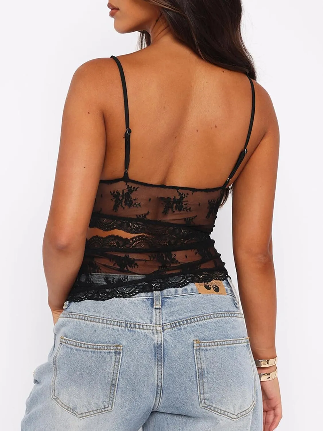 Sunloudy Women Lace Mesh Camisole Tops Y2k Sheer Sheer Spaghetti Strap Tank Top Sleeveless Slim Fit V Neck Cami Shirt