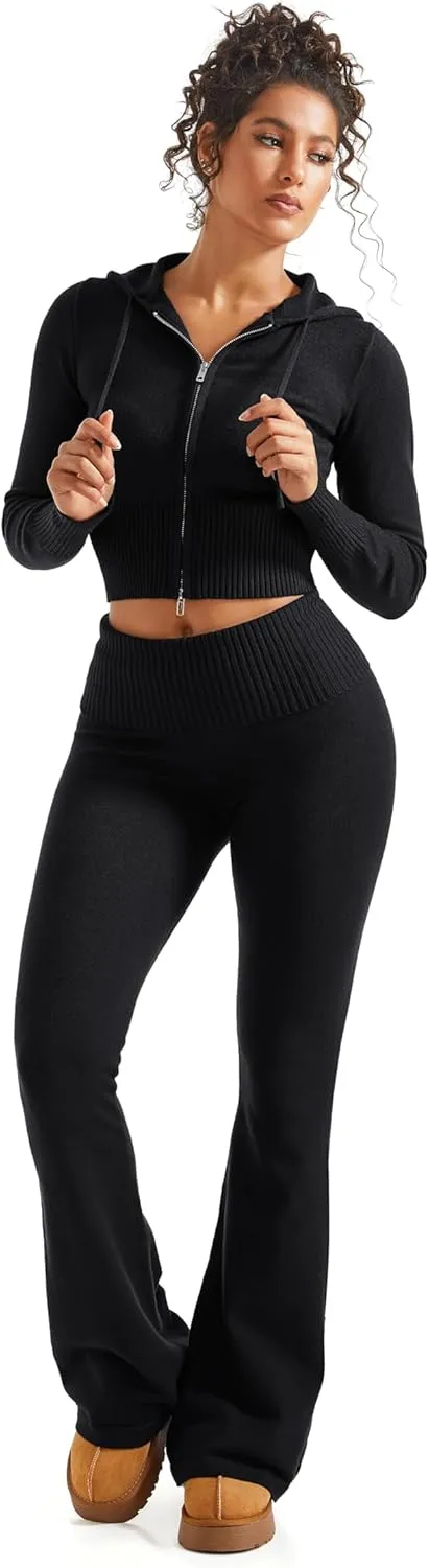 SUUKSESS Women 2 Piece Knit Sets Cropped Zip Up Hoodie Foldover Flare Leg Pants