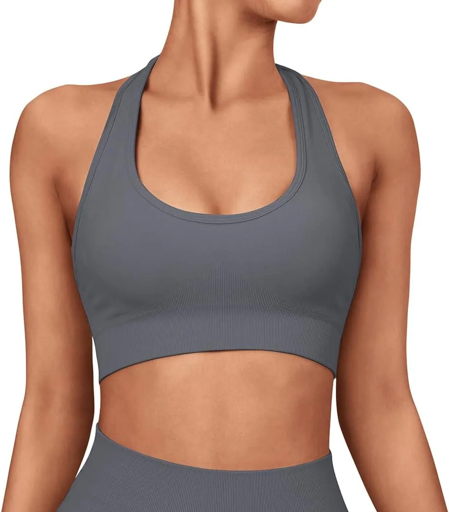 SUUKSESS Women Seamless Halter Sports Bra Open Back Padded Workout Crop Tank Tops
