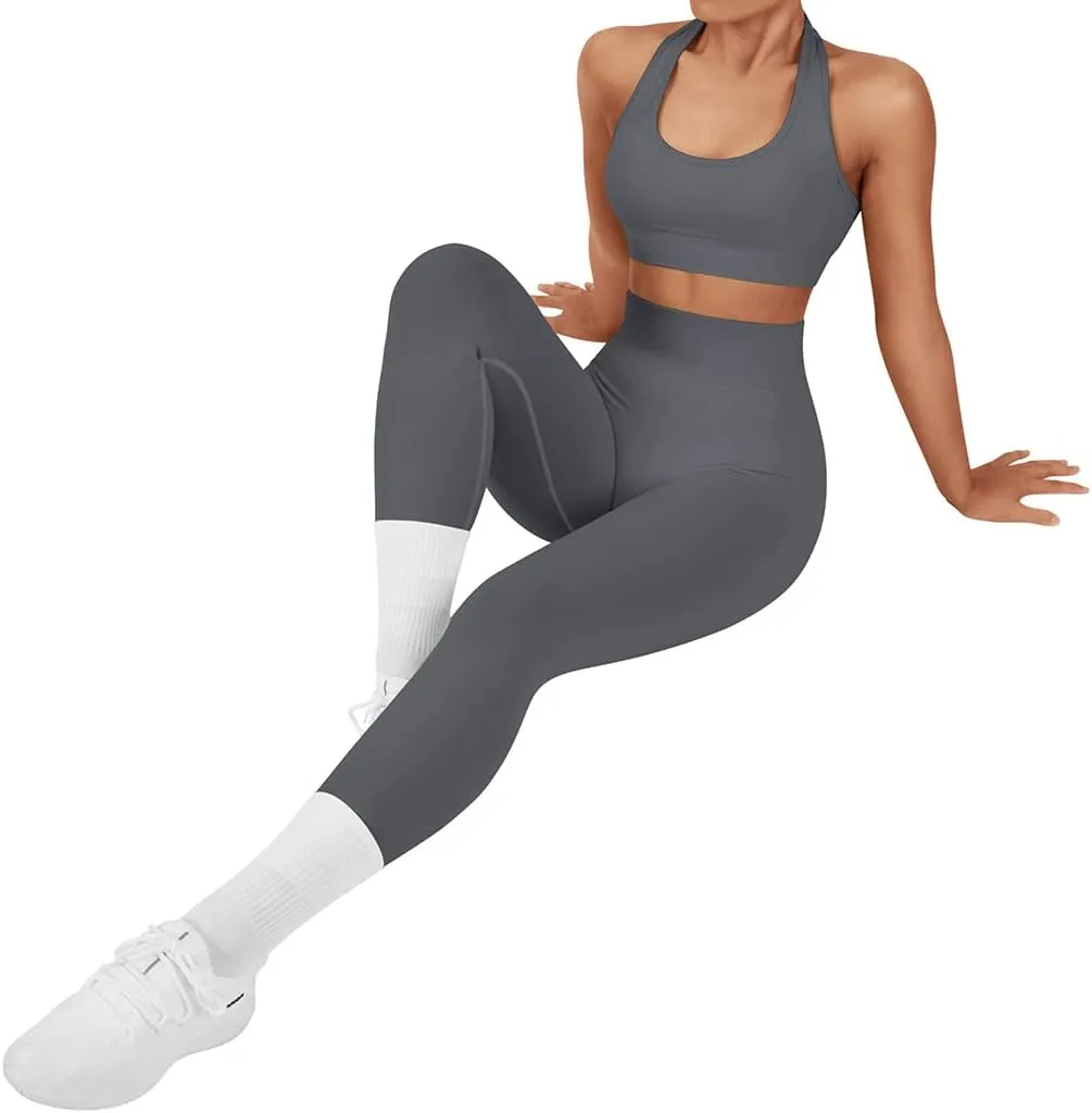 SUUKSESS Women Seamless Halter Sports Bra Open Back Padded Workout Crop Tank Tops