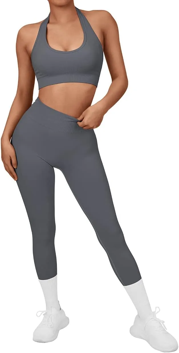 SUUKSESS Women Seamless Halter Sports Bra Open Back Padded Workout Crop Tank Tops