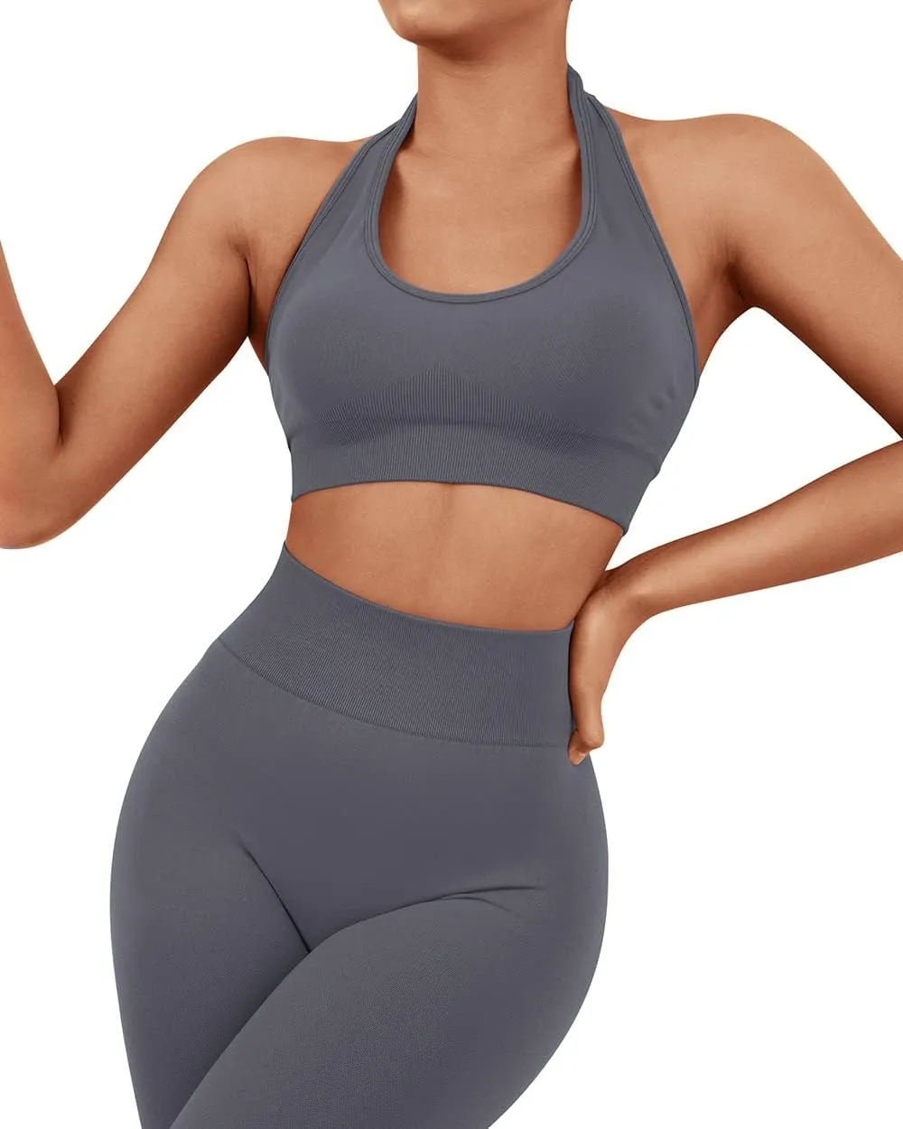 SUUKSESS Women Seamless Halter Sports Bra Open Back Padded Workout Crop Tank Tops