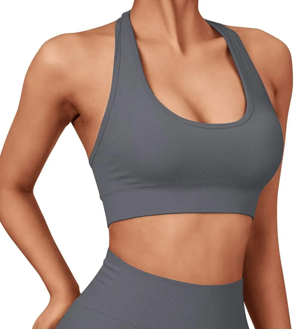 SUUKSESS Women Seamless Halter Sports Bra Open Back Padded Workout Crop Tank Tops