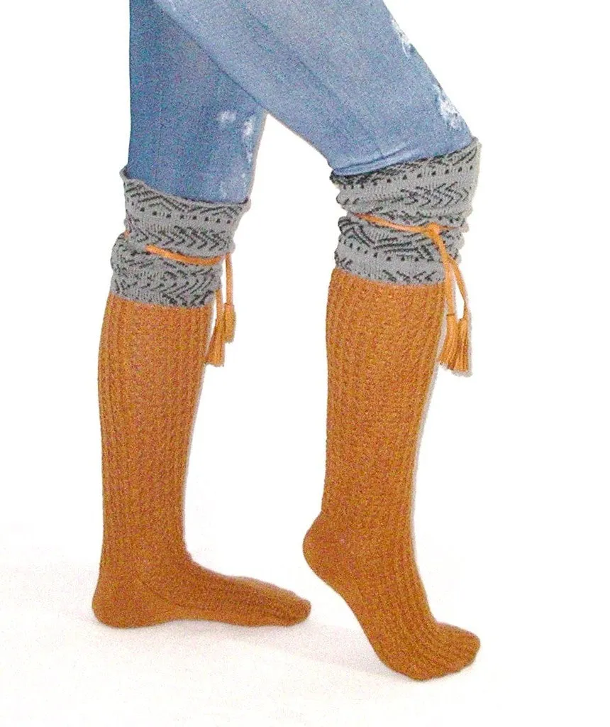 Tahoe Tassel Boho Boot Socks Gray / Whiskey Slouch Top Over The Knee Thick Waffle Knit Camel Vegan Leather Tassles