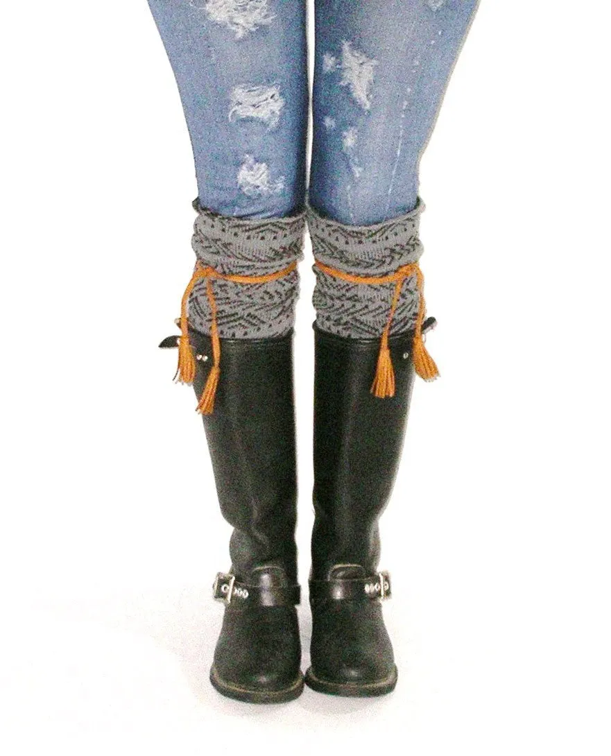 Tahoe Tassel Boho Boot Socks Gray / Whiskey Slouch Top Over The Knee Thick Waffle Knit Camel Vegan Leather Tassles