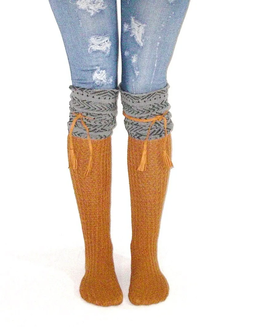Tahoe Tassel Boho Boot Socks Gray / Whiskey Slouch Top Over The Knee Thick Waffle Knit Camel Vegan Leather Tassles