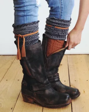 Tahoe Tassel Boho Boot Socks Gray / Whiskey Slouch Top Over The Knee Thick Waffle Knit Camel Vegan Leather Tassles