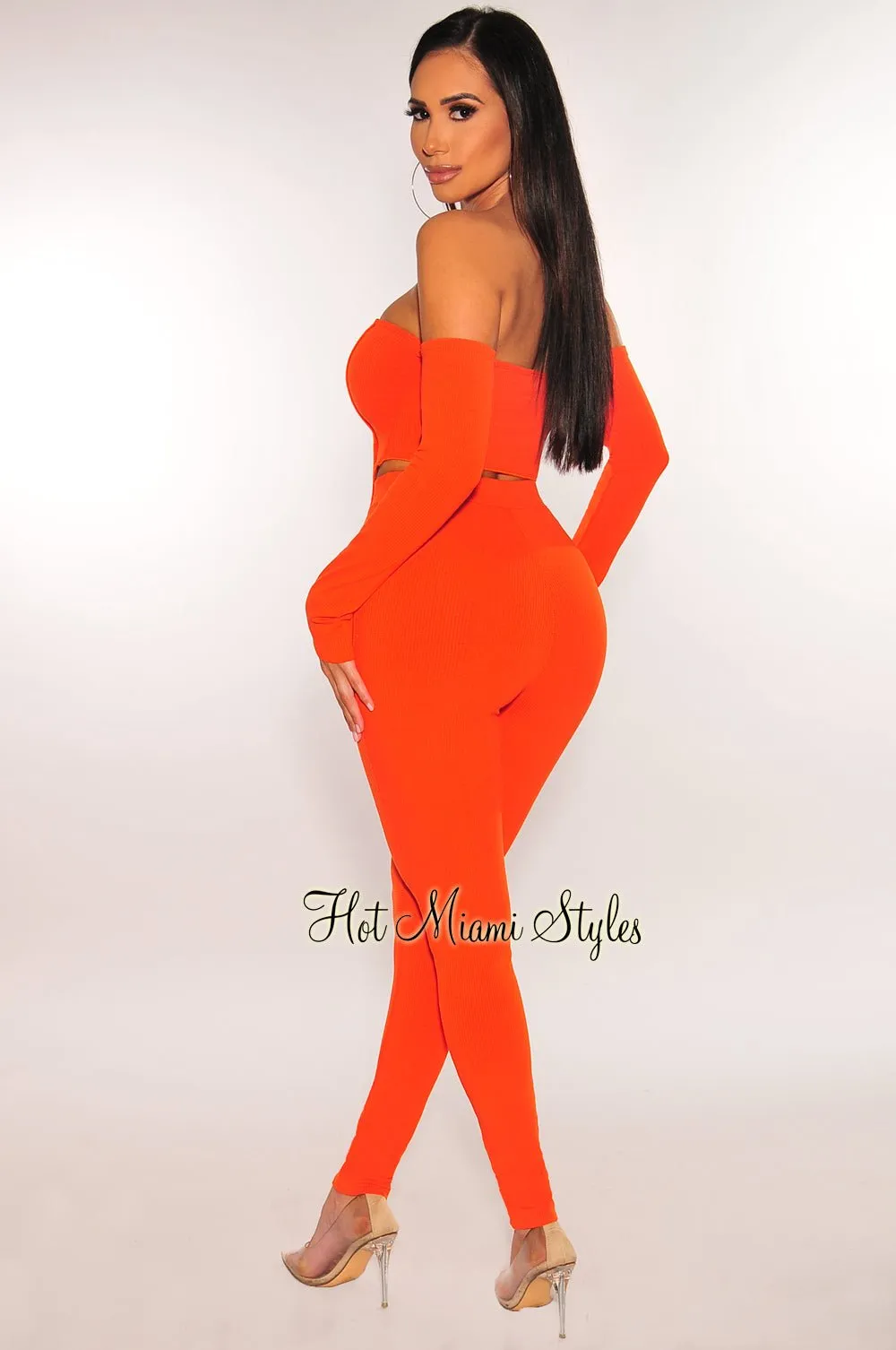Tangerine Ribbed Hanky Hem Off Shoulder High Waist Pants Two Piece Set