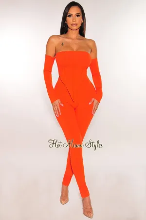 Tangerine Ribbed Hanky Hem Off Shoulder High Waist Pants Two Piece Set