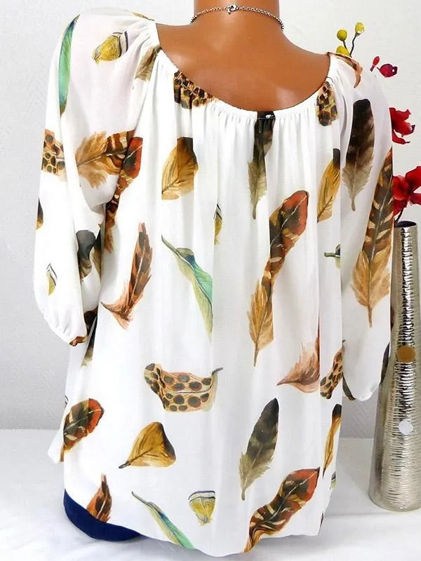 TastyHottie - Pretty Feather Print T-shirt Off the Shoulder