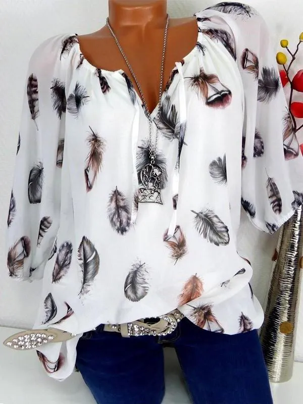 TastyHottie - Pretty Feather Print T-shirt Off the Shoulder