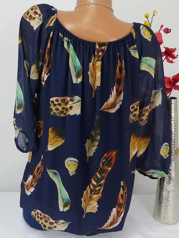 TastyHottie - Pretty Feather Print T-shirt Off the Shoulder