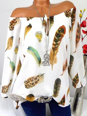 TastyHottie - Pretty Feather Print T-shirt Off the Shoulder