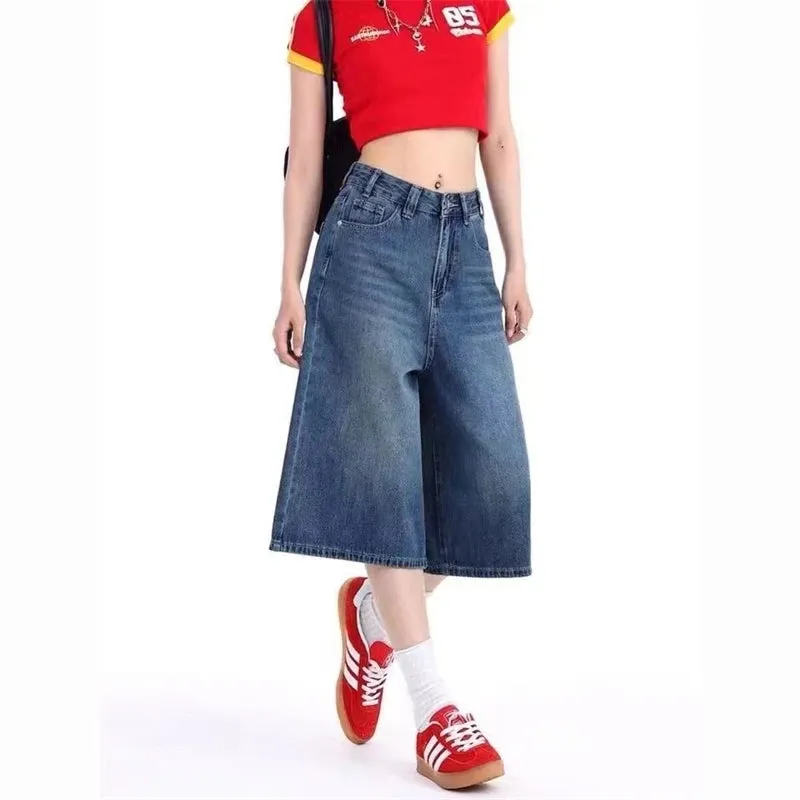 TAVIMART  -   Women's Summer Wide-leg Blue Denim Capris Street New Baggy Straight Calf-length Jeans Female High Waisted Short Trousers