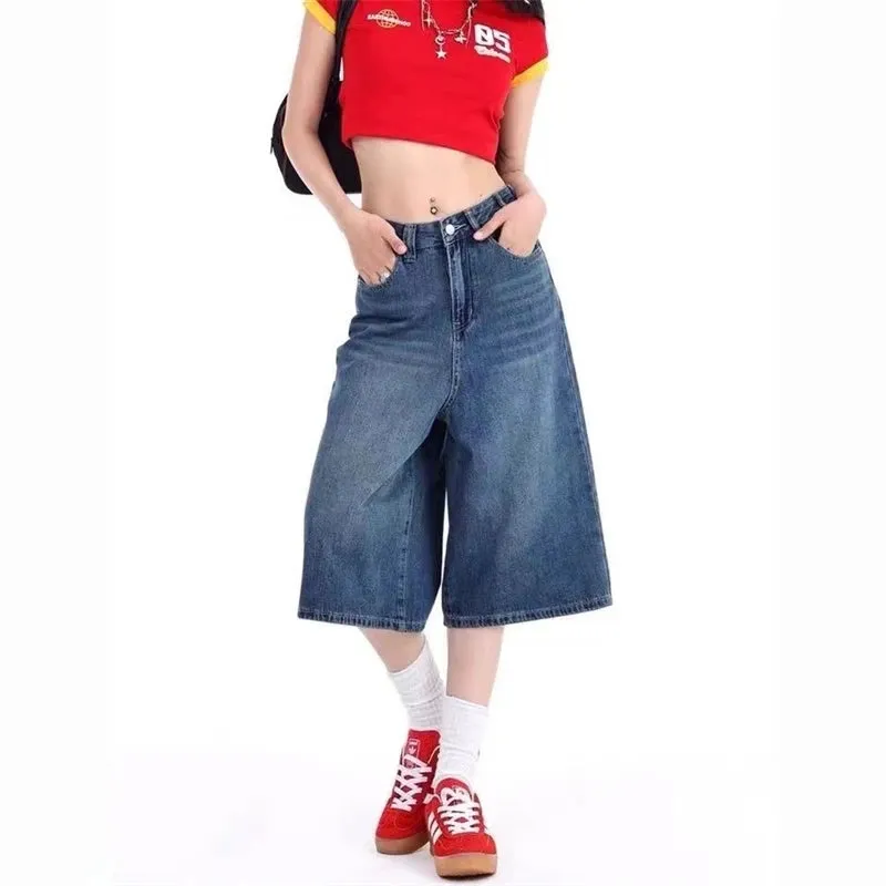 TAVIMART  -   Women's Summer Wide-leg Blue Denim Capris Street New Baggy Straight Calf-length Jeans Female High Waisted Short Trousers