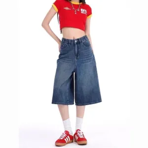 TAVIMART  -   Women's Summer Wide-leg Blue Denim Capris Street New Baggy Straight Calf-length Jeans Female High Waisted Short Trousers