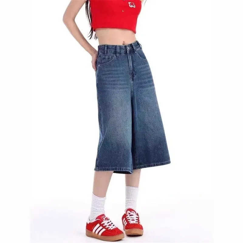 TAVIMART  -   Women's Summer Wide-leg Blue Denim Capris Street New Baggy Straight Calf-length Jeans Female High Waisted Short Trousers