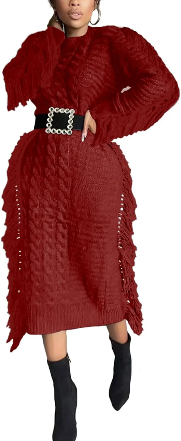 Tcremisa Sweater Dress for Women 2023 Trendy Chunky Cable Knitted Long Sweaters with Side Fringe (No Belt)