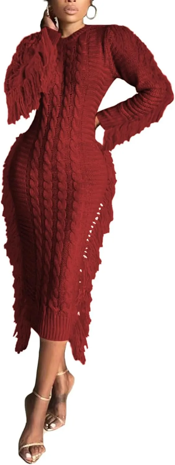 Tcremisa Sweater Dress for Women 2023 Trendy Chunky Cable Knitted Long Sweaters with Side Fringe (No Belt)