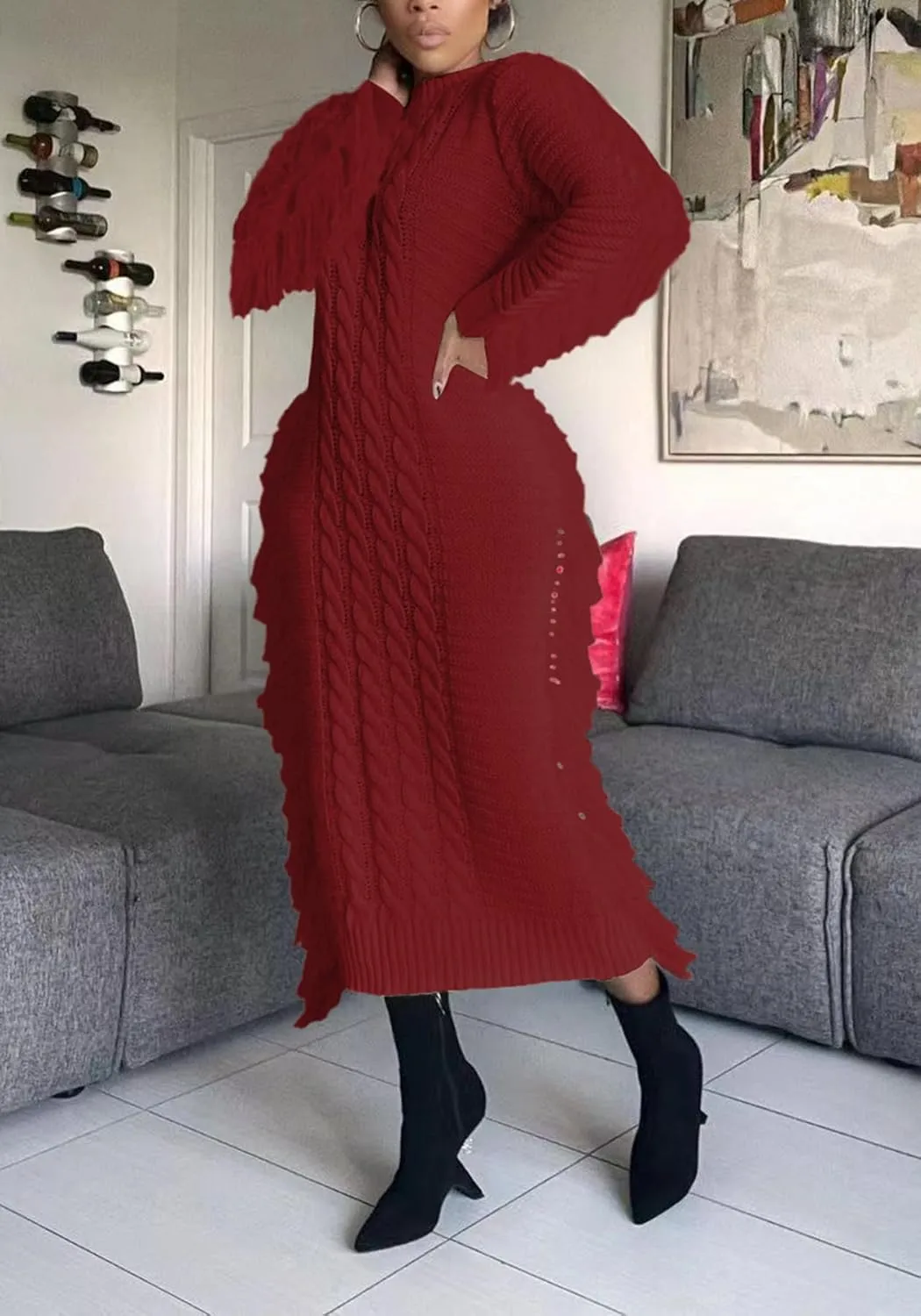 Tcremisa Sweater Dress for Women 2023 Trendy Chunky Cable Knitted Long Sweaters with Side Fringe (No Belt)