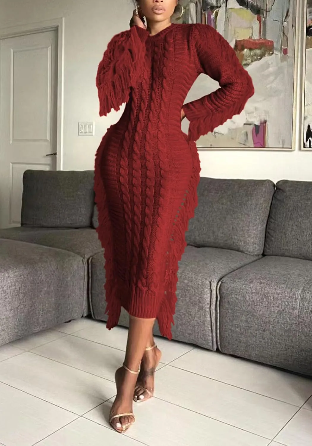 Tcremisa Sweater Dress for Women 2023 Trendy Chunky Cable Knitted Long Sweaters with Side Fringe (No Belt)