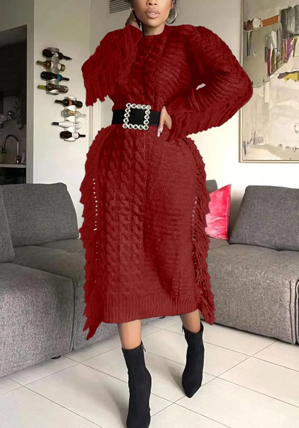 Tcremisa Sweater Dress for Women 2023 Trendy Chunky Cable Knitted Long Sweaters with Side Fringe (No Belt)