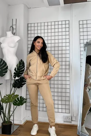 THICK FLEECE HOODED ZIP TOP & JOGGERS BEIGE TRACKSUIT SET
