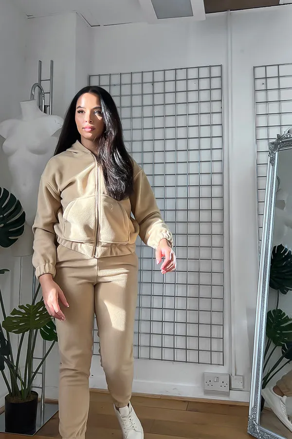 THICK FLEECE HOODED ZIP TOP & JOGGERS BEIGE TRACKSUIT SET
