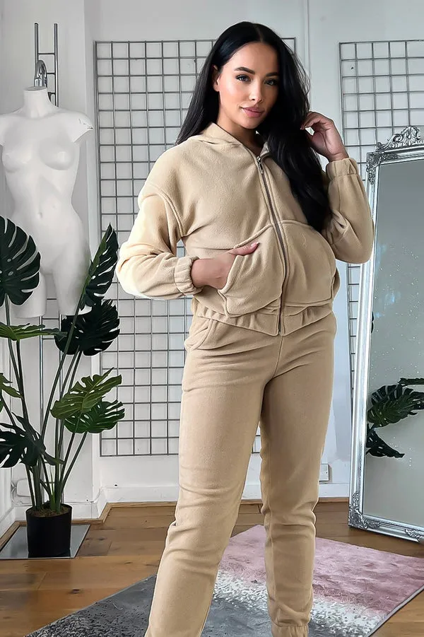 THICK FLEECE HOODED ZIP TOP & JOGGERS BEIGE TRACKSUIT SET