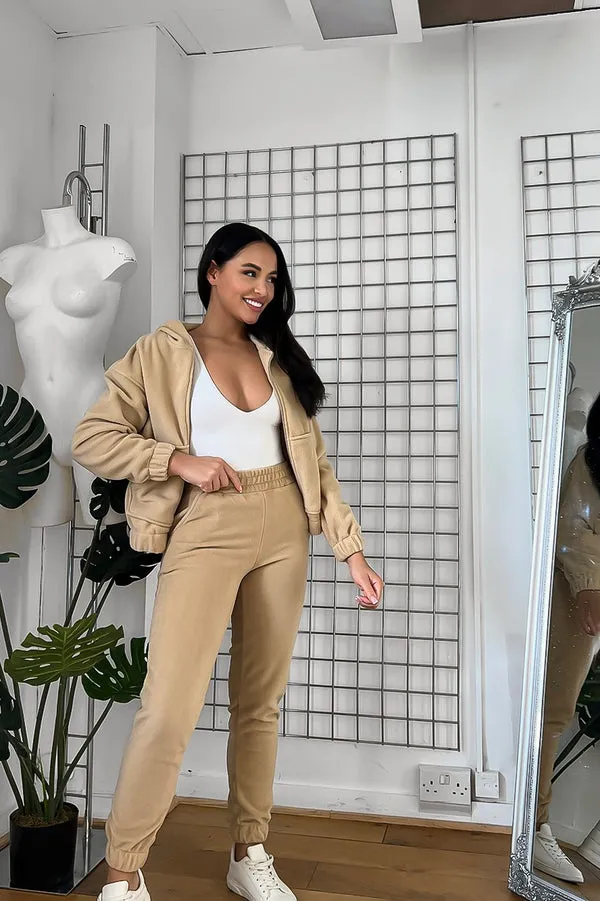 THICK FLEECE HOODED ZIP TOP & JOGGERS BEIGE TRACKSUIT SET