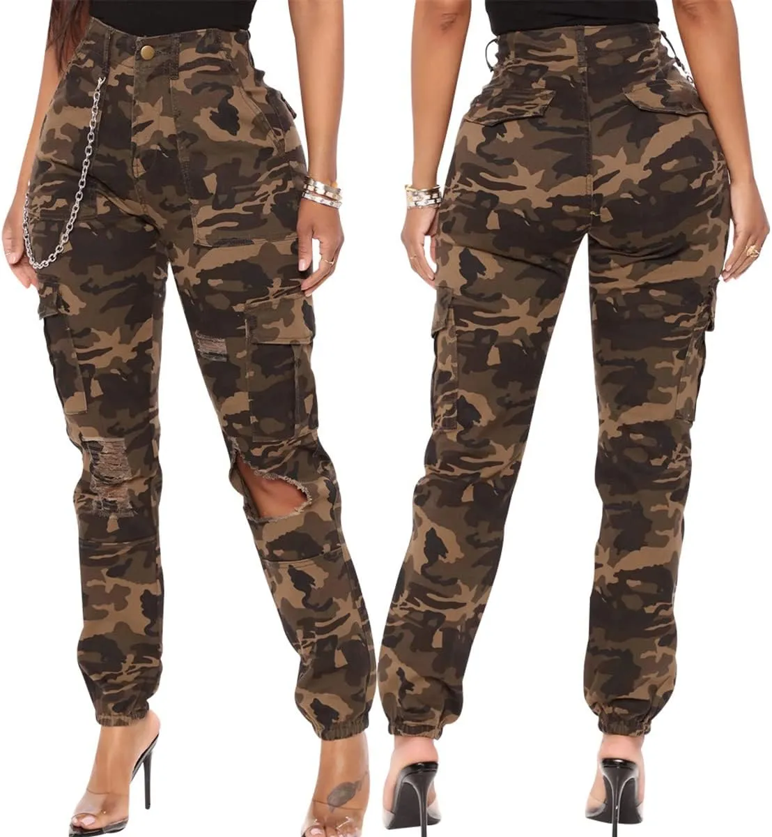 ThusFar Camo Cargo Pants for Women High Waisted Camoflage Slim Fit Ripped Trousers Sweatpants with Pockets