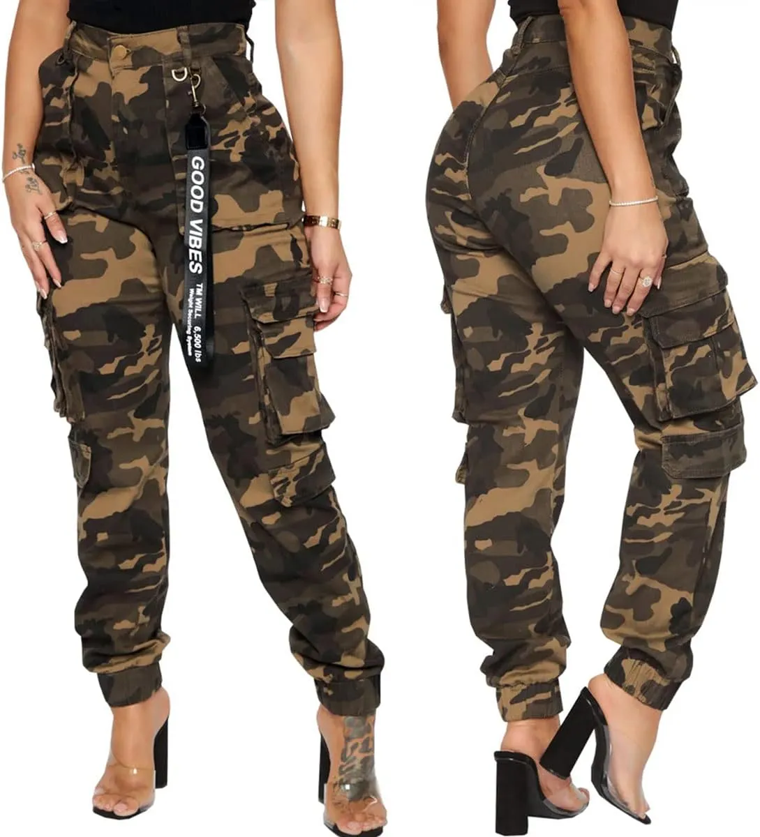 ThusFar Camo Cargo Pants for Women High Waisted Camoflage Slim Fit Ripped Trousers Sweatpants with Pockets