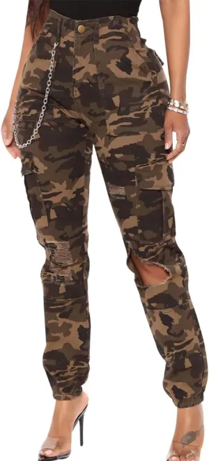 ThusFar Camo Cargo Pants for Women High Waisted Camoflage Slim Fit Ripped Trousers Sweatpants with Pockets