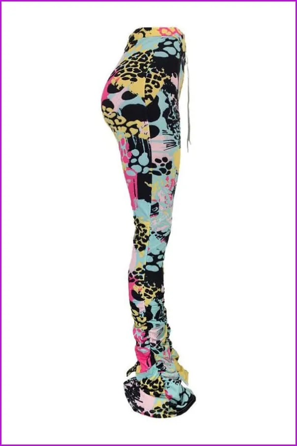 Tie Dye Split Stacked Hem Ruched Pants For WomenDE920