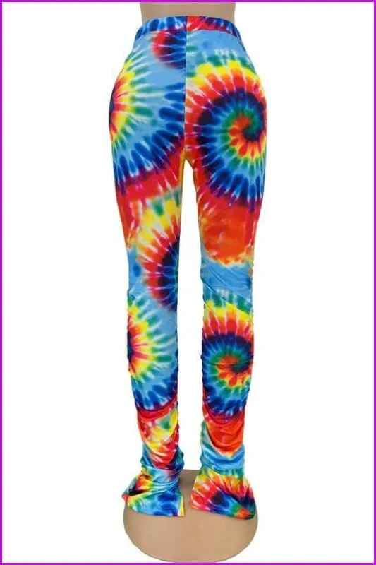 Tie Dye Split Stacked Hem Ruched Pants For WomenDE920