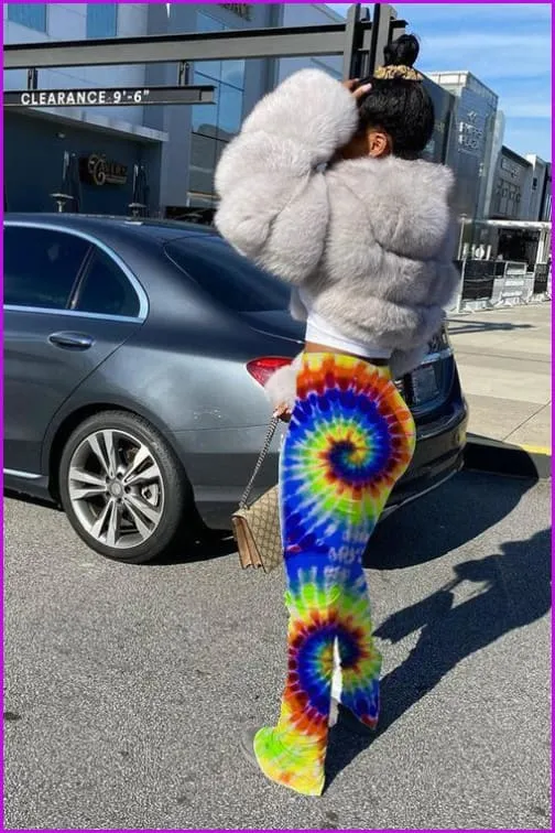 Tie Dye Split Stacked Hem Ruched Pants For WomenDE920